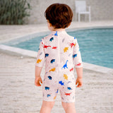 LSB White Dotted Dino World, Toddlers & Kids Swimwear with long Cap Free Wash Bag & Free Swim Detergent