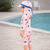 LSB White Dotted Dino World, Toddlers & Kids Swimwear with long Cap Free Wash Bag & Free Swim Detergent