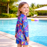 LSB Florescent pink blue Leaves Tropical, Kids Swimwear with Free Wash Bag & Free Swim Detergent
