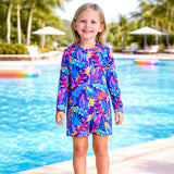 LSB Florescent pink blue Leaves Tropical, Kids Swimwear with Free Wash Bag & Free Swim Detergent
