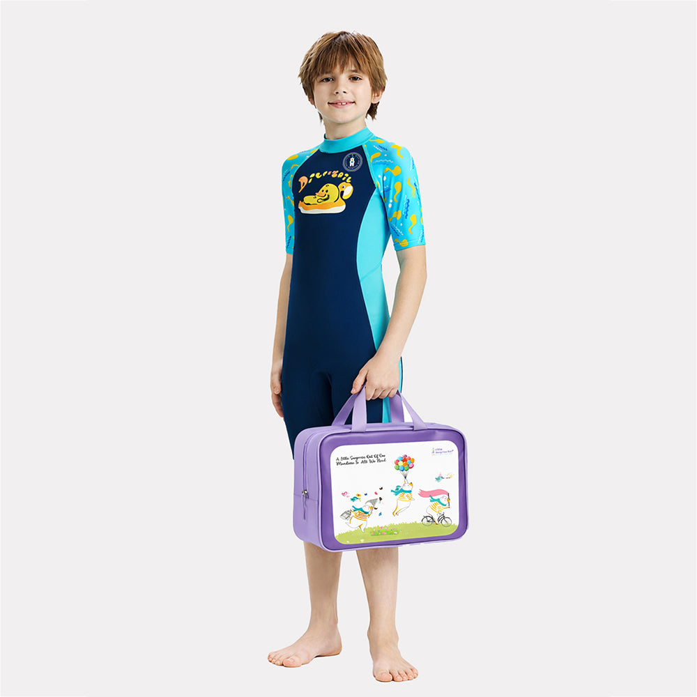 LSB Dive Navy Blue Duck Printed, Half Sleeves, Knee Length Kids Swimwear in Upf 50+ Fabric with Swim Cap & Free Washbag