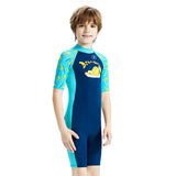 LSB Dive Navy Blue Duck Printed, Half Sleeves, Knee Length Kids Swimwear in Upf 50+ Fabric with Swim Cap & Free Washbag