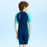 LSB Dive Navy Blue Duck Printed, Half Sleeves, Knee Length Kids Swimwear in Upf 50+ Fabric with Swim Cap & Free Washbag