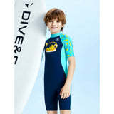 LSB Dive Navy Blue Duck Printed, Half Sleeves, Knee Length Kids Swimwear in Upf 50+ Fabric with Swim Cap & Free Washbag