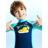 LSB Dive Navy Blue Duck Printed, Half Sleeves, Knee Length Kids Swimwear in Upf 50+ Fabric with Swim Cap & Free Washbag