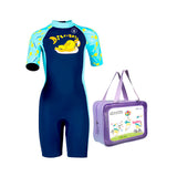 LSB Dive Navy Blue Duck Printed, Half Sleeves, Knee Length Kids Swimwear in Upf 50+ Fabric with Swim Cap & Free Washbag
