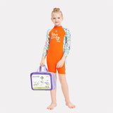 LSB Orange “She's So Lucky” Printed Full Sleeves, Knee Length Kids Swimwear in Upf 50+ Fabric with Swim Cap & Free Washbag
