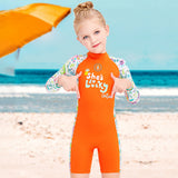 LSB Orange “She's So Lucky” Printed Full Sleeves, Knee Length Kids Swimwear in Upf 50+ Fabric with Swim Cap & Free Washbag