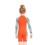 LSB Orange “She's So Lucky” Printed Full Sleeves, Knee Length Kids Swimwear in Upf 50+ Fabric with Swim Cap & Free Washbag