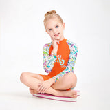 LSB Orange “She's So Lucky” Printed Full Sleeves, Knee Length Kids Swimwear in Upf 50+ Fabric with Swim Cap & Free Washbag