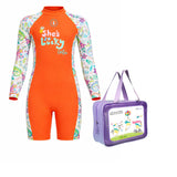 LSB Orange “She's So Lucky” Printed Full Sleeves, Knee Length Kids Swimwear in Upf 50+ Fabric with Swim Cap & Free Washbag