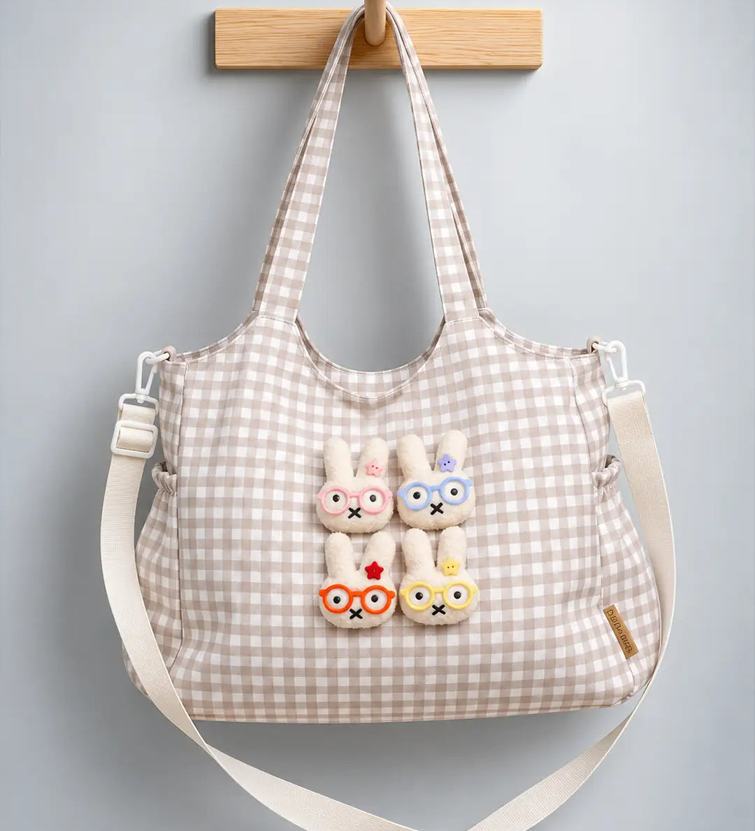 LSB Brown Gingham Checks 3D Glasses Bunny stylish & casual Tote Bag for Teens & Adults