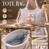 LSB Brown Gingham Checks 3D Glasses Bunny stylish & casual Tote Bag for Teens & Adults