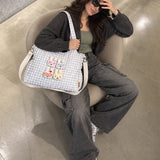 LSB Grey Gingham Checks 3D Glasses Bunny stylish & casual Tote Bag for Teens & Adults