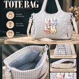 LSB Grey Gingham Checks 3D Glasses Bunny stylish & casual Tote Bag for Teens & Adults