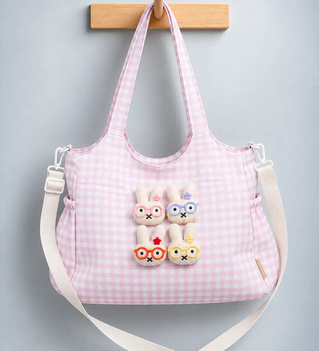 LSB Pink Gingham Checks 3D Glasses Bunny stylish & casual Tote Bag for Teens & Adults
