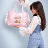 LSB Pink Gingham Checks 3D Glasses Bunny stylish & casual Tote Bag for Teens & Adults