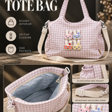 LSB Pink Gingham Checks 3D Glasses Bunny stylish & casual Tote Bag for Teens & Adults