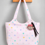 LSB Pink Stars Print stylish & casual Tote Bag with Monkey Keychain for Teens & Adults