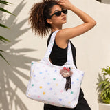 LSB White Stars Print stylish & casual Tote Bag with Monkey Keychain for Teens & Adults