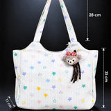 LSB White Stars Print stylish & casual Tote Bag with Monkey Keychain for Teens & Adults