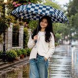 LSB 3fold Navy Frills and Checks Printed Umbrella for Teens & Adults