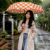 LSB 3fold Orange Frills and Checks Printed Umbrella for Teens & Adults