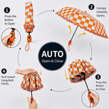 LSB 3fold Orange Frills and Checks Printed Umbrella for Teens & Adults