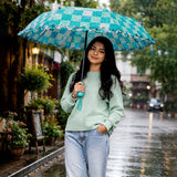 LSB 3fold Turquoise Frills and Checks Printed Umbrella for Teens & Adults