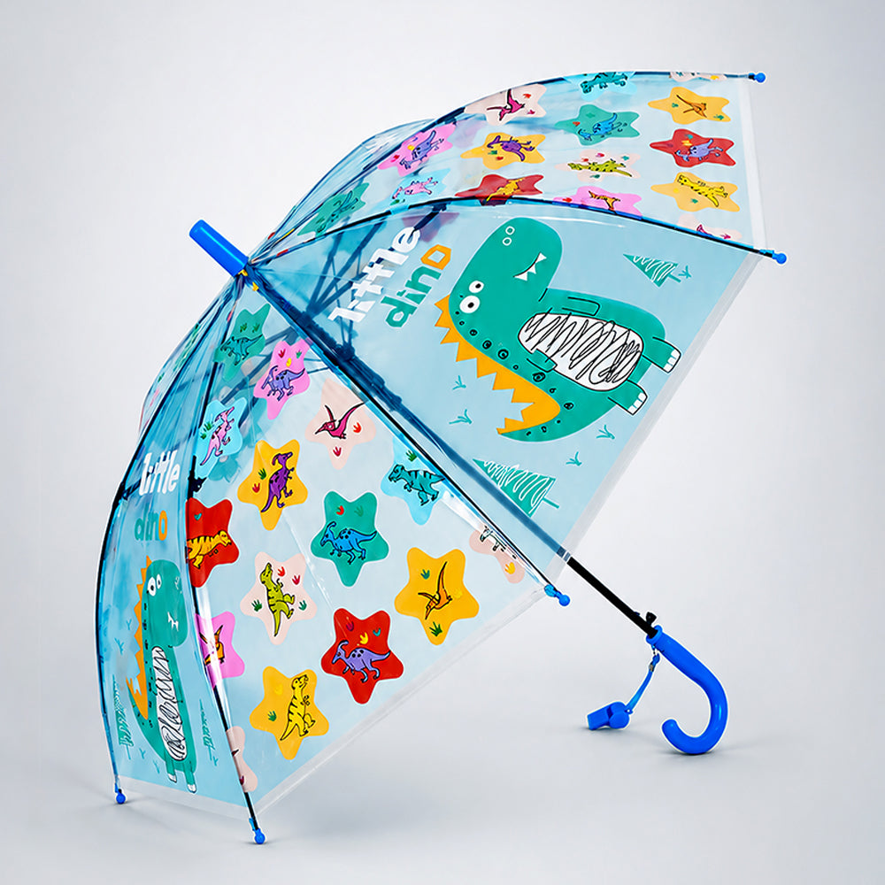 LSB Transparent Little Dino Panel Blue Handle Printed Umbrella for Kids-3-6Y