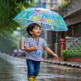 LSB Transparent Little Dino Panel Blue Handle Printed Umbrella for Kids-3-6Y