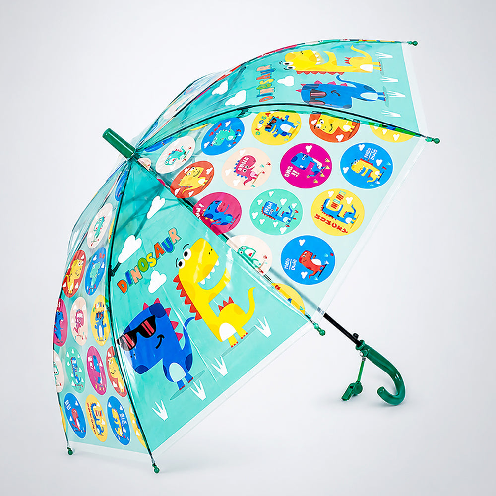 LSB Transparent Dual Dino Panel Green Handle Printed Umbrella for Kids-3-6Y