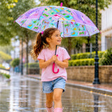 LSB Transparent Dino Panel Pink Handle Printed Umbrella for Kids-3-6Y