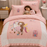 LSB 4 pcs Unicorn & Princess Luxe Embroidered collection of Single bed comforter, 1 flat bedsheet, 2 pillow covers entire Bedding Set for Single Size Bed.
