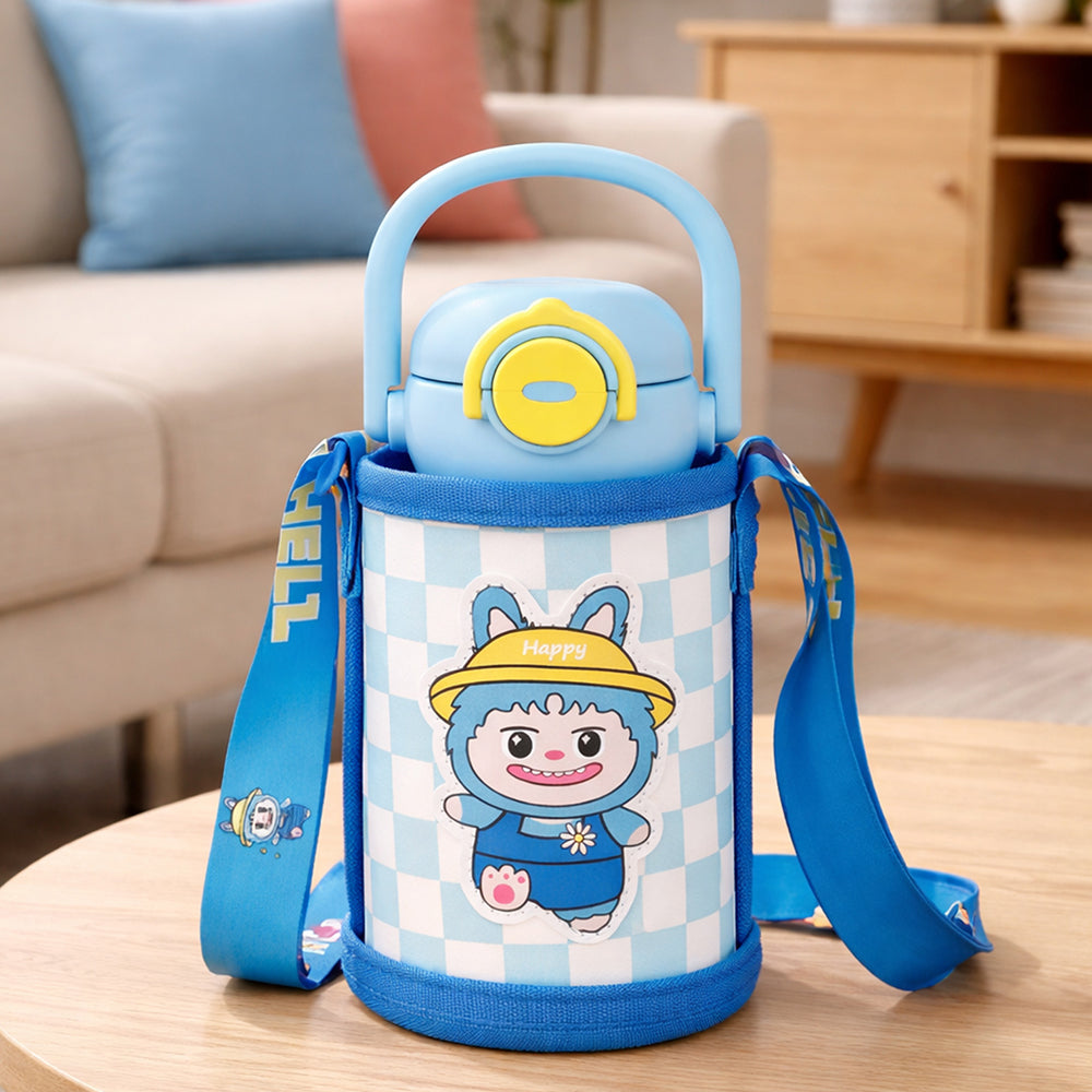 LSB, Blue Checks Labubu with Matching Cover Stainless Steel Water Bottle for Kids,500 ml