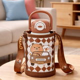 LSB, Brown checks Capybara with Matching Cover Stainless Steel Water Bottle for Kids,500 ml