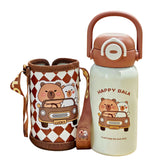 LSB, Brown checks Capybara with Matching Cover Stainless Steel Water Bottle for Kids,500 ml