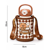 LSB, Brown checks Capybara with Matching Cover Stainless Steel Water Bottle for Kids,500 ml