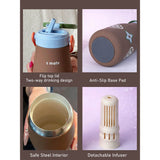 LSB, Brown Green Lid Moo series insulated thermos Bottle with detachable filter for Kids and Adults, 600ml