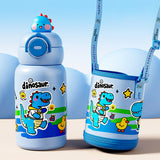 LSB, Blue DIno 3d Face Lid with Matching Cover Stainless Steel Water Bottle for Kids,550 ml