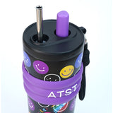 LSB, Purple Smiley Fluroscent series Stainless Steel Tumbler and Water Bottle for Kids and Adults,550ml