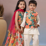Casa Ninos Muslin Multicolour Top And Layered Lengha Set With Dupatta