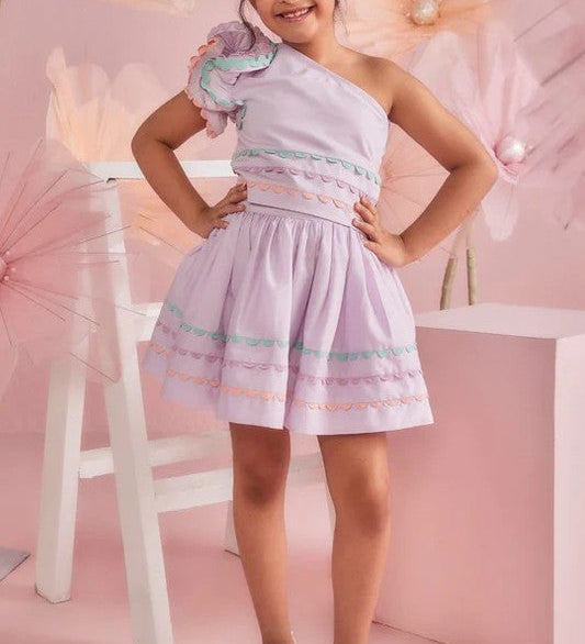 Lavender ruffle one shoulder to & skirt set