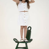 Mamarill Girls Classy Co-Ord Set In Crisp White, Elevated By Stylish Wooden Buttons On The Sleeveless Top.