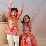 Casa Ninos Red Floral Top And Lengha